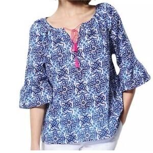 Milly Design Nation Womens Peasant Blouse XL Blue White Boho Beach Coastal